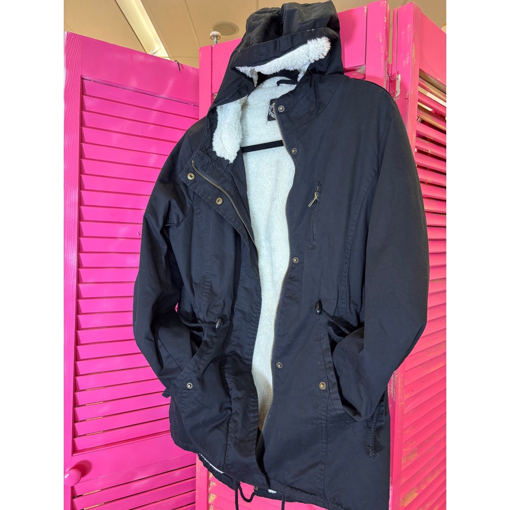 Charlotte Russe Ambiance Black Faux Shearling Lined Utility Parka Jacket Small